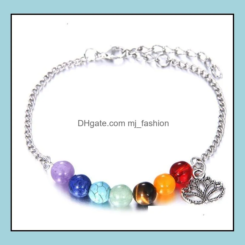 7 Chakras Beaded Strands Bracelet For Women Crystal Healing Balance Beads Nature Stone Bracelets Lotus Charms Yoga Wholesale