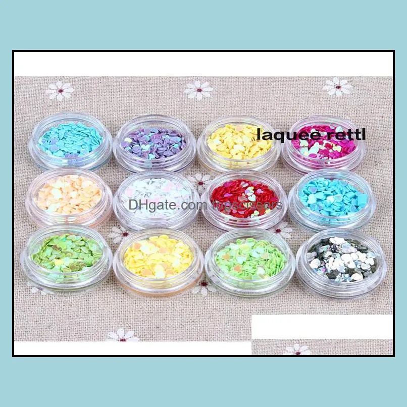 12 Pots Heart Nail Art Glitter Heart Shapes Confetti Sequins Acrylic Tips UV Gel Decoration fee shipping DHL #6811