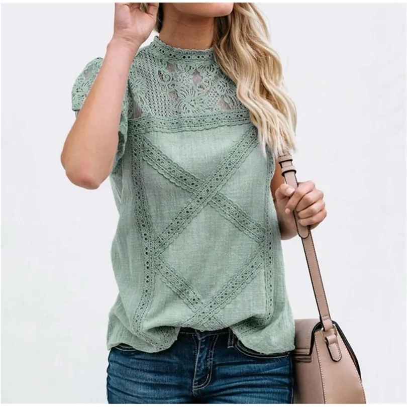 Plus Size 4xl 5XL Camicia Camicetta Donna Primavera Nuove Top O-Collo Mezza manica In pizzo Giuntura Stampa Boho Camicia donna 210412