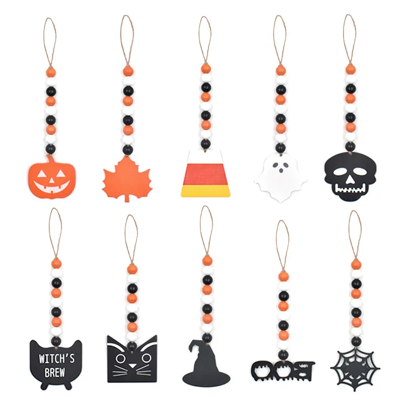 Halloween decorativo de miçangas de madeira coloridas pendentes criativas de decoração de caveira de abóbora de abóbora ornamentos