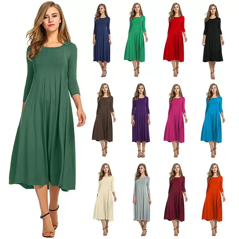 Kleider Mode Sommer Freizeitkleid Rundhalsausschnitt Große Swing Midi-Kleider Übergröße Langarm Blank Plain Streetwear Damenbekleidung Kleidung