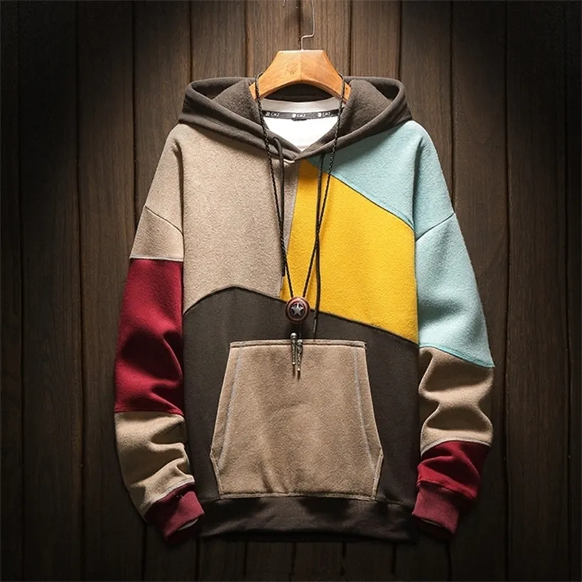 April Momo mäns hoodie med päls plus storlek patchwork kontraster färg casual hooded tröja män pullover hip hop hoody 220325