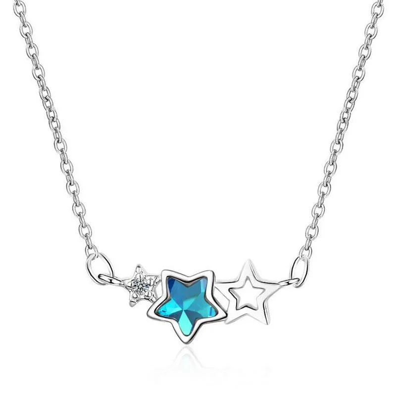 Pendanthalsband Fashion 925 Silver Blue Crystal Pentagram Star Necklace For Women Girls Clavicle Chain Korea Korea Jewelrypendant