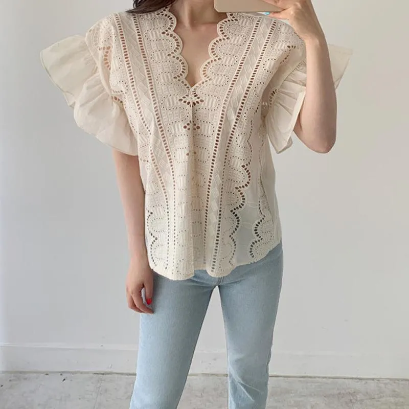 Women's Blouses & Shirts White Blouse Summer 2022 Korea V-neck Sexy Casual Shirt Hollow Out Embroidery Woman Fashion Clothing 14192