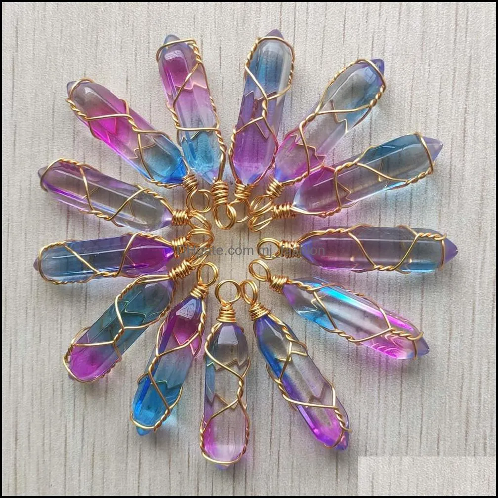 2 colors purple blue glass hexagon prism charms handmade copper wire pillar shape pendants for jewelry makin mjfashion