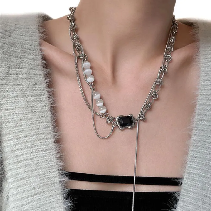 Kedjor Hip Hop Titanium Steel Chain Tassel Necklace Kvinnlig unik Design Opal Splicing Clavicle Women Punk Choker Gothic Jewelrychains