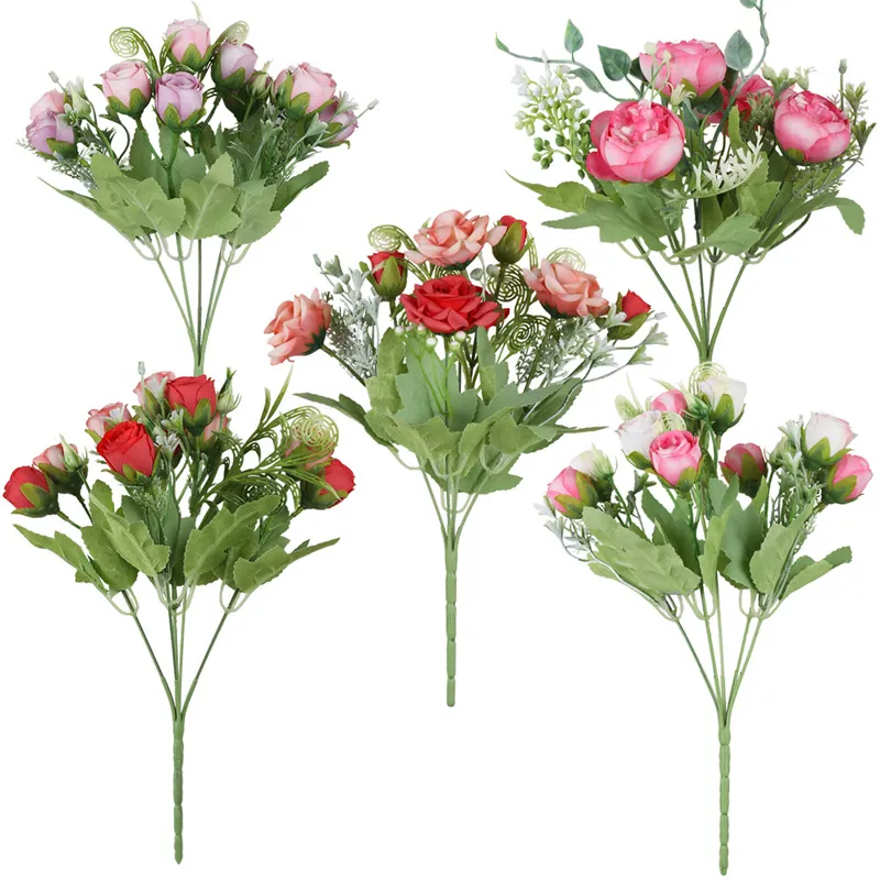 5 Forks Yapay Çiçekler Buket Gelin Gelin Nedime İpek Gül Çay Tomurcuk Çiçekleri Düğün Romantik Ev Dekor