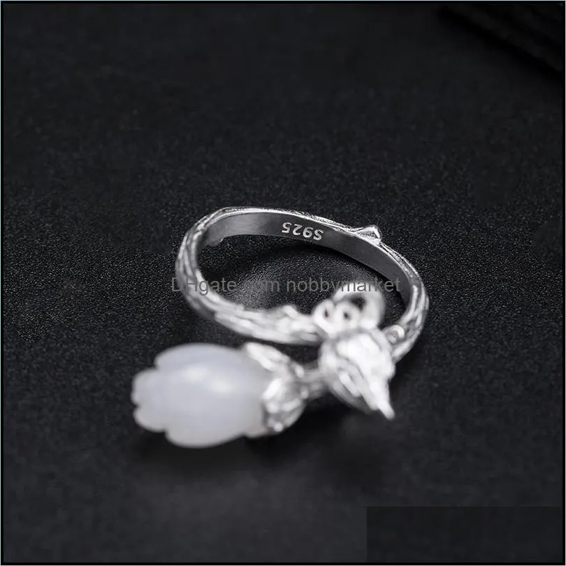 VLA 925 Sterling Silver creative design white jade Magnolia ring women`s adjustable size national style jewelry