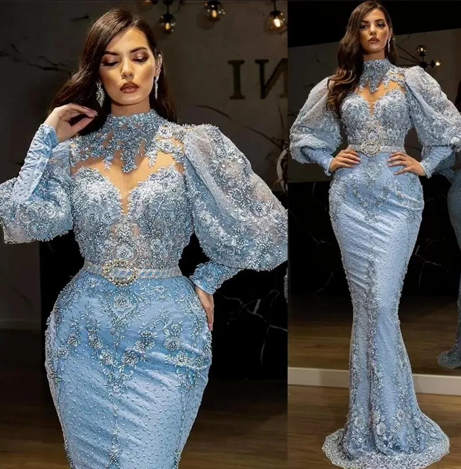 2022 Plus Size Arabic Aso Ebi Роскошные кружевные выпускные платья с русалкой с высокой шеей.