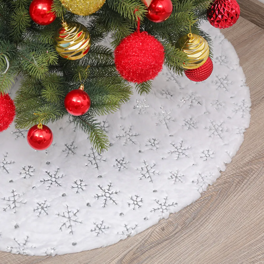 Christmas Tree Skirt Plush Floor Faux Fur Mat Snowflake Cover Ornament Party Home Xmas Decor C62206