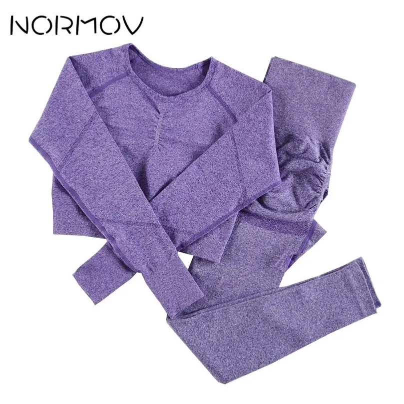 NORMOV 2 pièces femmes Yoga ensembles sans couture Gym à manches longues chemises/soutien-gorge + taille haute Leggings Shorts sport femme vêtements 220330