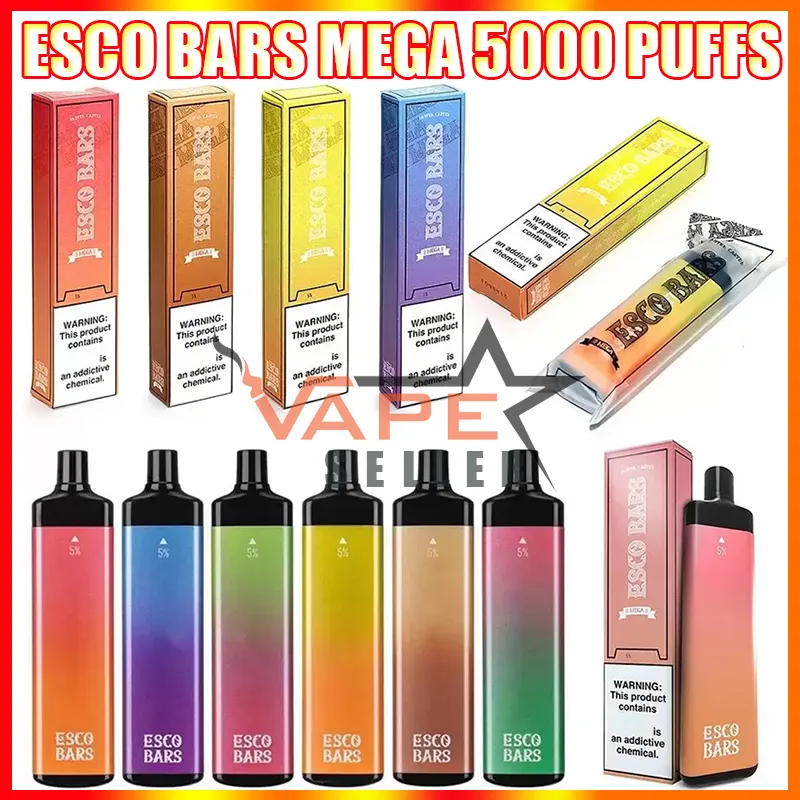 Esco Bars 메가 5000 퍼프 일회용 Vape 펜 전자 담배 충전식 600mAh 배터리 14ml 미리 채워진 포드 메쉬 코일 충전 일회용품 키트