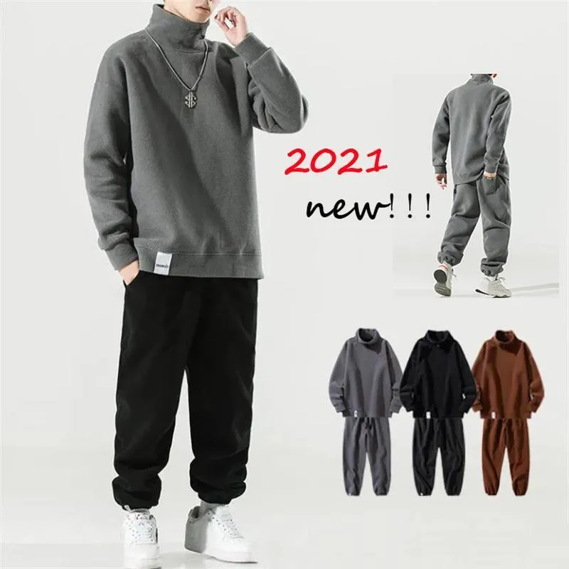 Men's Tracksuits Sets 2022 Autumn Winter Warm Two Piece Suit Polar Fleece High Neck Pullover And Elastic Waist Pants Plus Size Clothing