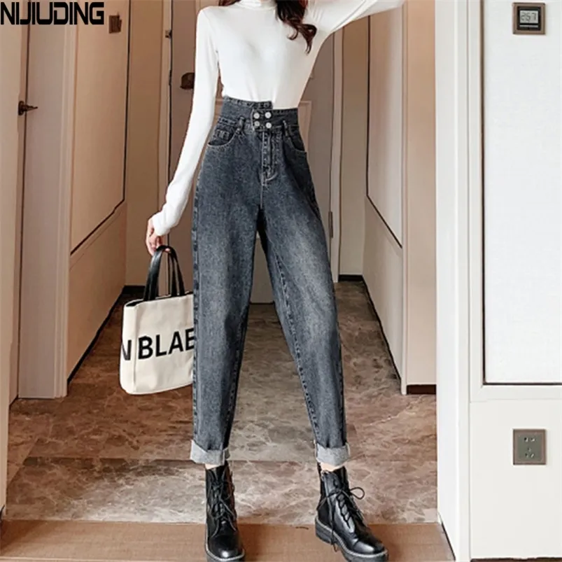 NIJIUDING 2020 nuove donne s jeans a vita alta jeans Harem solidi pantaloni larghi Casual Office Lady pantaloni lunghi in denim Pantalon Femme LJ201029