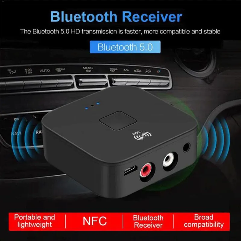 Bluetooth 5.0 Sender Empfänger Wireless 3.5mm Adapter AUX NFC Auf 2 Cinch Audio