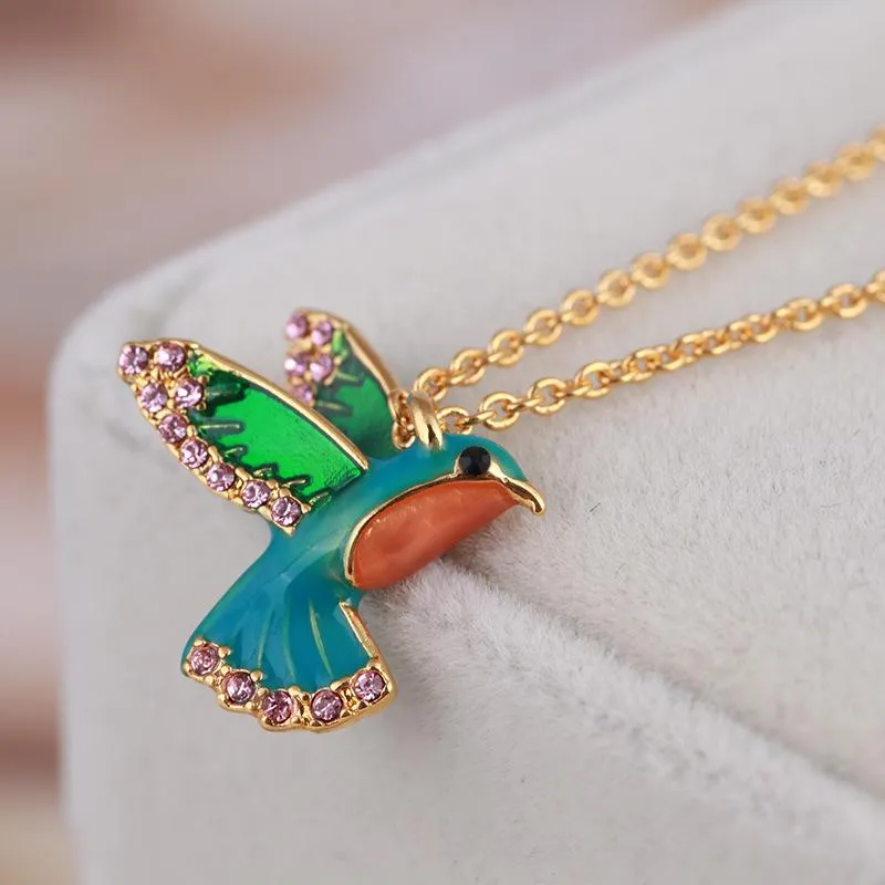 Pendant Necklaces Enamel Glaze Colorful Diamond Three-dimensional Hummingbird Flying Bird NecklacePendant