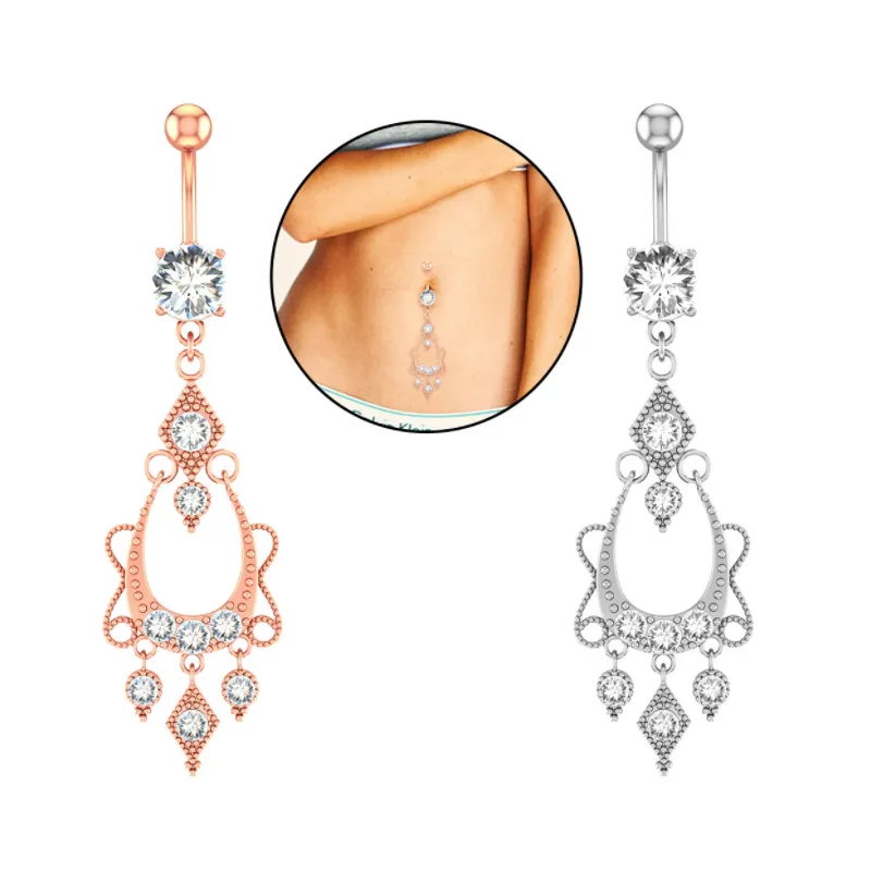 Dangle CZ Belly Button Rings Zircon Body Piercing Jewelry 316L Stainless Steel Navel Barbell with Charm