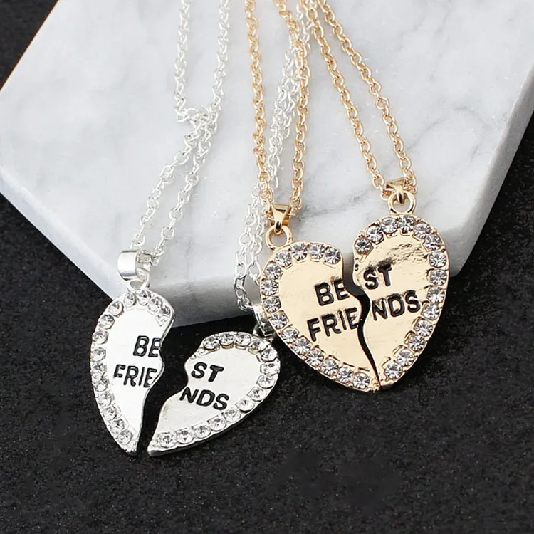 Best Friends Heart Pendent Necklaces For 2 Inlay Crystal 18K Gold Silver Plated Coupld Friendship Necklace Nice Jewelry Gift Wholesale Factory Price