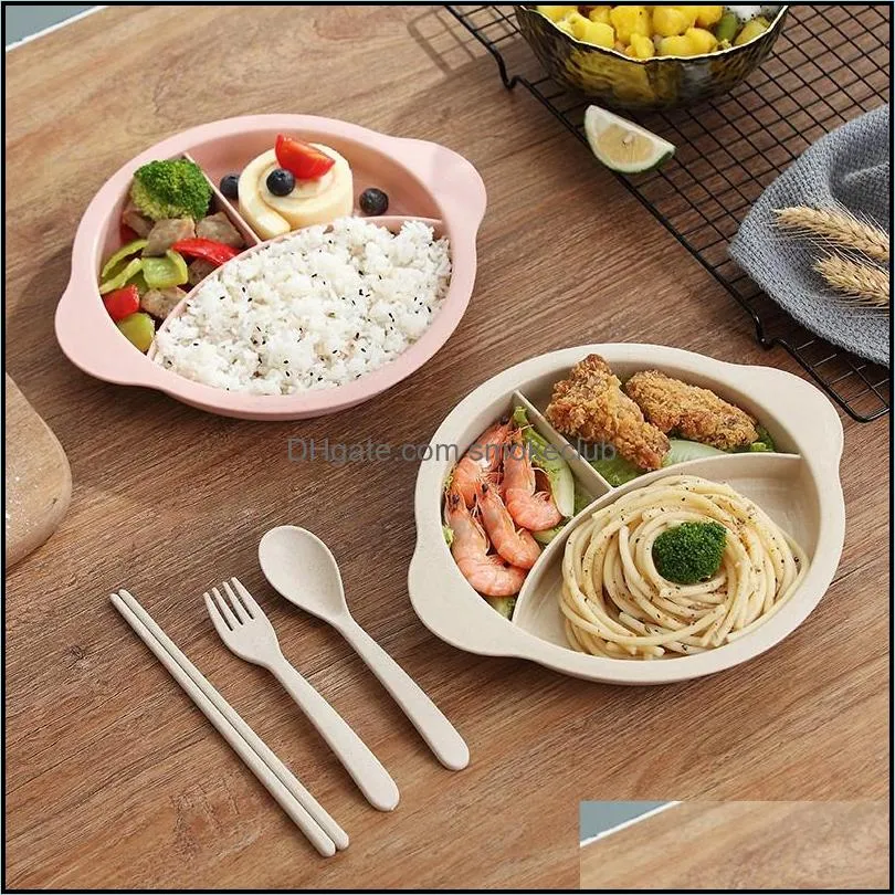 3 Pcs/Set Children`s Spoon Set Wheat Dinner Straw And Addition Dish Training Breakfast Creative Baby Fork Tableware Tray Baby 1851 V2