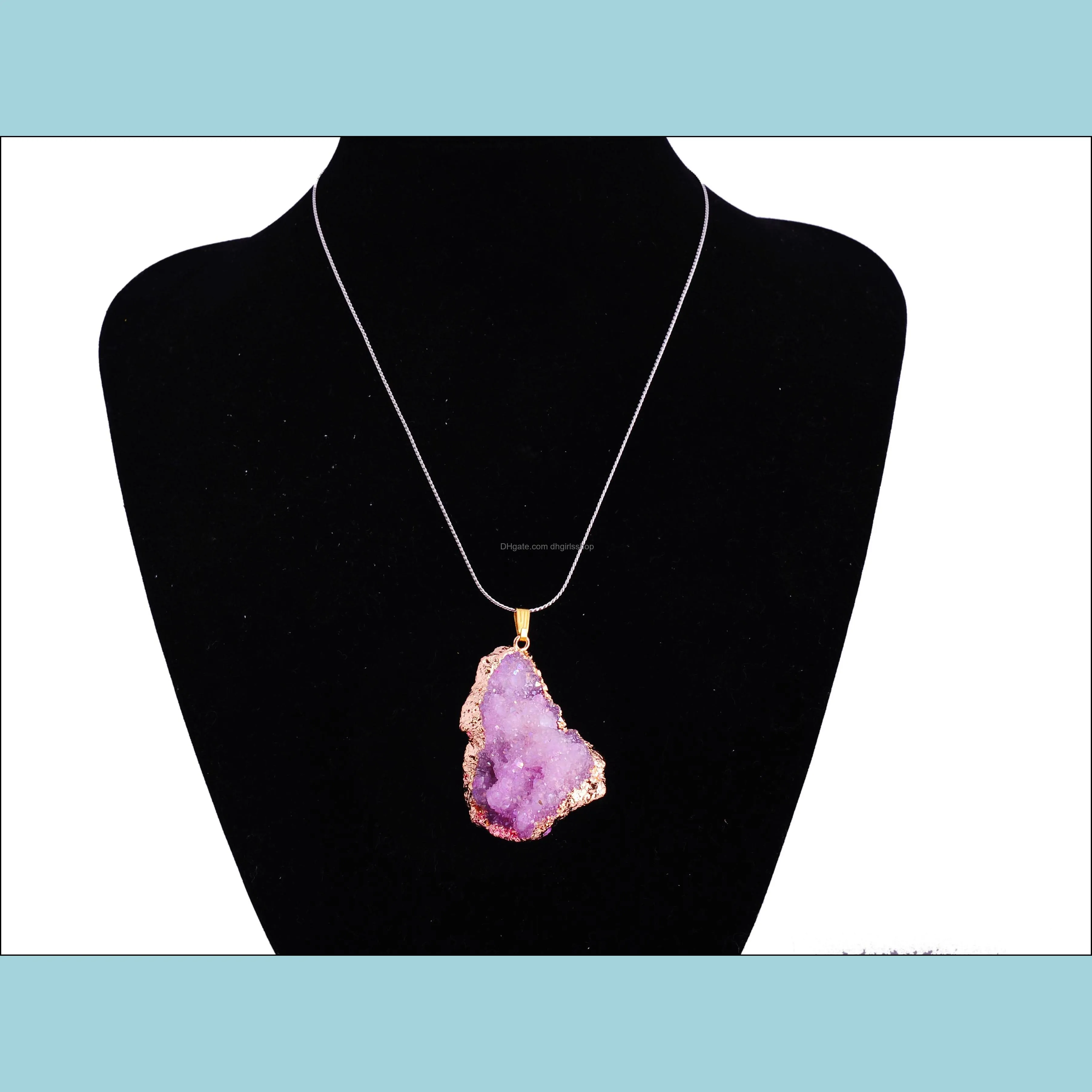 irregular druzy teardrop gold plated hollow agate edged pendant necklace hearling pendants for women and men