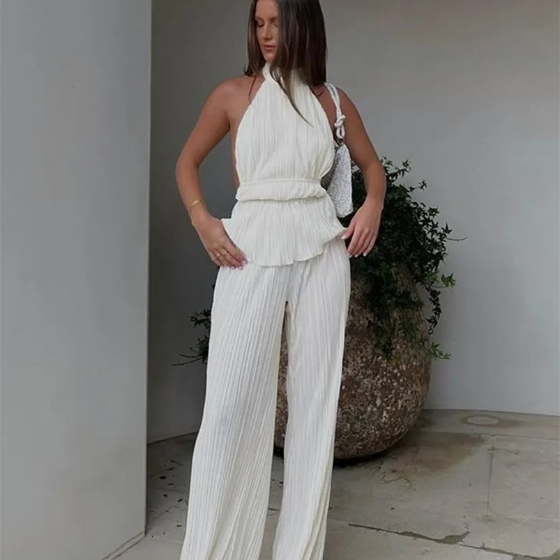CLACIVE SEXY BACKLESS TANK TOP SET Woman 2 Piece Summer White Pleated Trouser Suits Female Elegant High midje Wide Pants Set 220812