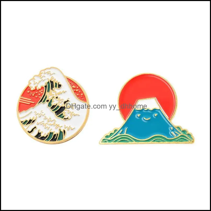 Japanese Style Enamel Pin Custom Ocean Wave Mount Fuji Brooch Badges Bag Shirt Lapel Pins Buckle Cartoon Jewelry Gift for Friends