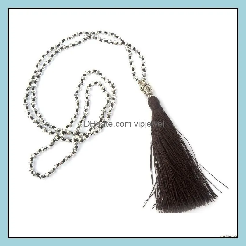 exclusive crystal beaded necklace lady silver buddha head fashion tassel long necklaces accessories valentine`s day gifts g349q