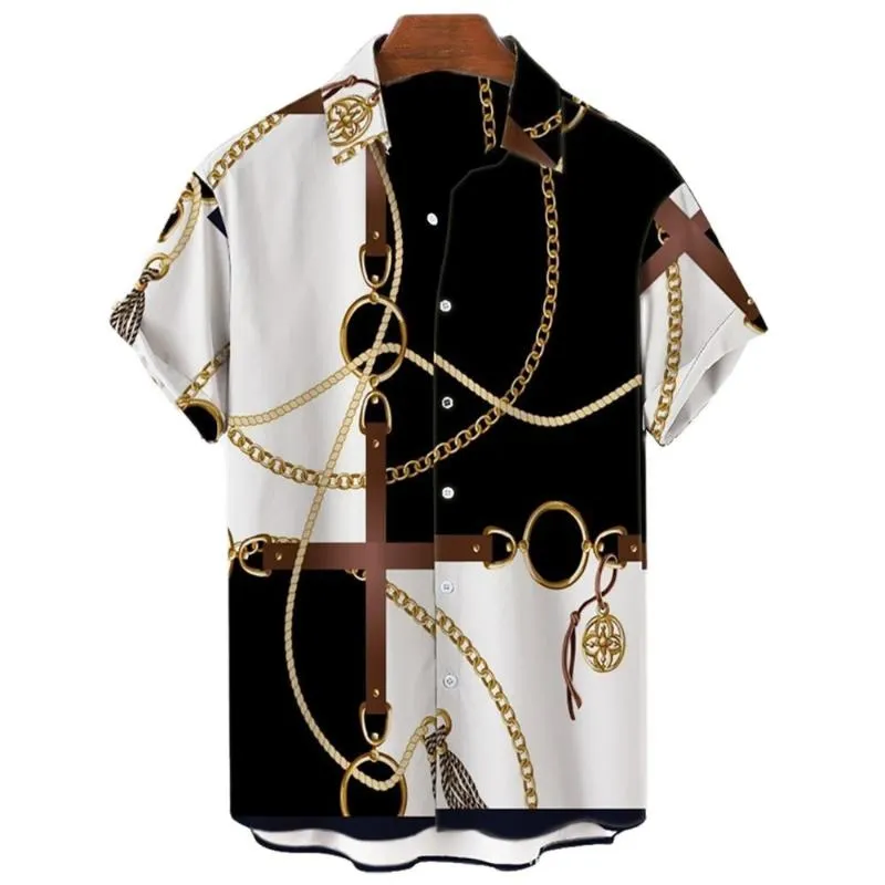Men's Casual Shirts Men's Hawaiian Short Sleeve Camicias Single Button Loose Oversize Shirt 3D Gold Necklace Printed Holiday TopMen's