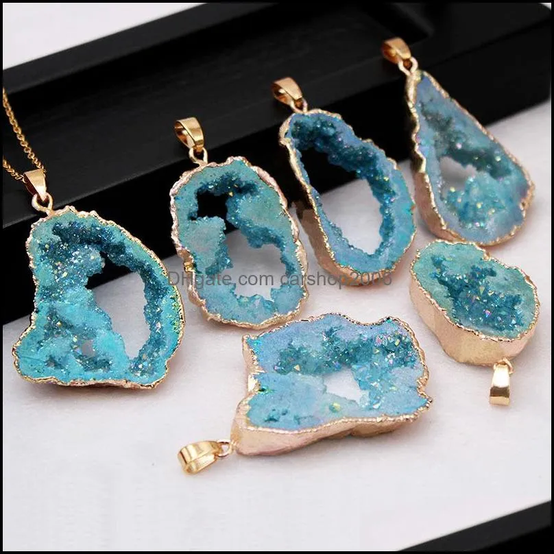 hollow crystal druzy stone pendant necklace pink rose quartz chakras gold plating edged pendants for women gift jewelry
