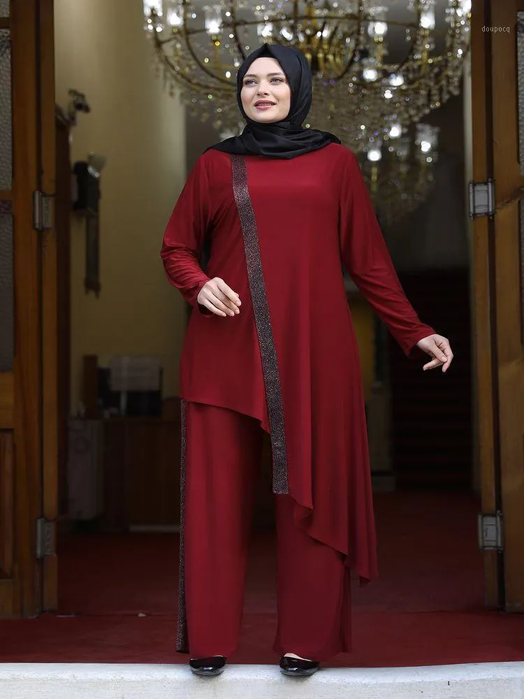 민족 의류 2 피스 세트 탑과 바지 여자 터키 무슬림 긴 드레스 분할 아바야 드레스 라마단 모로코 카프탄 이슬람