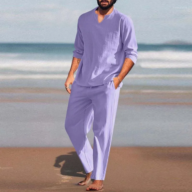 Survêtements pour hommes Hommes Pièces Coton Linge Ensemble Henley Chemise À Manches Longues Et Pantalon De Plage Occasionnel Yoga D'été Costumes Chinois Pour Hommes Traditionnels