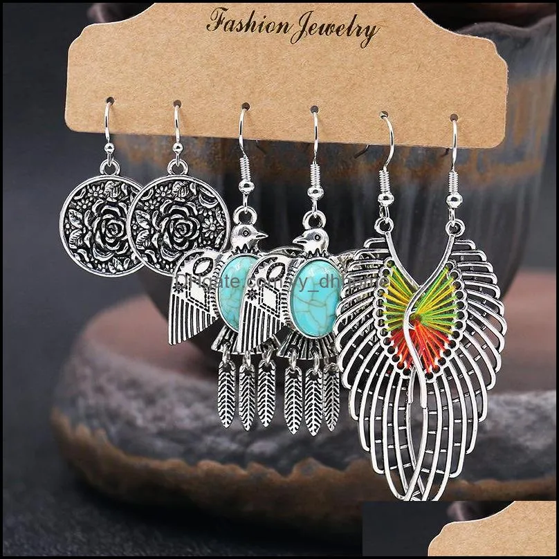Ethnic style element 3 piece set Charm earrings retro creative personality geometric alloy earring wild temperament hollow wings round pendants jewelry