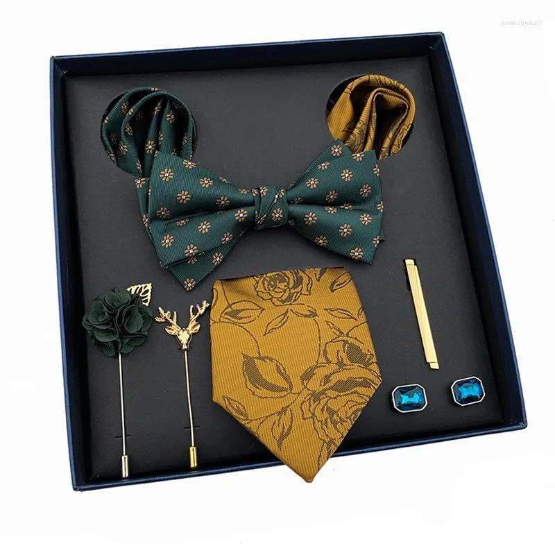 Noeuds papillon Vintage vert hommes cravate ensemble cou de luxe pour cadeau de mariage noeud papillon mouchoir boutons de manchette pince broche mâle cravatebow enek22