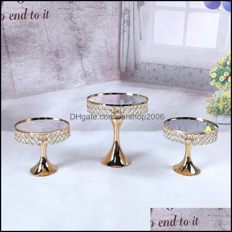 Gold Crystal Beads Cake Stand Set Plated Mirror Surface Dessert Wedding Party Table Decoration Baking Tool Other Bakeware