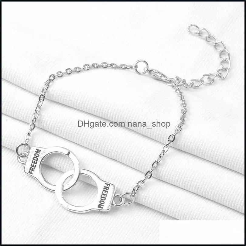 Vintage Silver Gold Color Handcuffs Bracelets For Men Women Freedom Letter Charm Chain Bracelet Bangles Couple Lover Fashion Jewelry