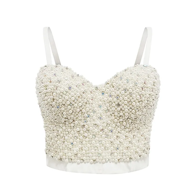Sexy Women Pearl Strass crop top Push Up Corsetto Canotta femme Perline backless bianco top donna drop 210401