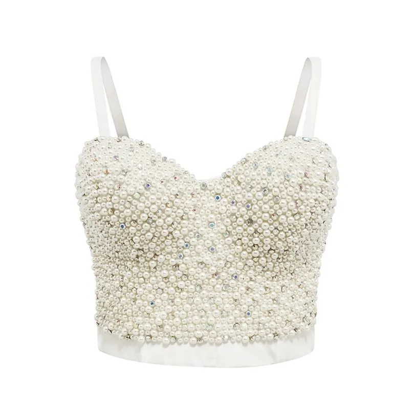 Sexy Women Pearl Rhinestones crop top Push Up Corset Tank Top femme Beaded backless white tops women drop 210401