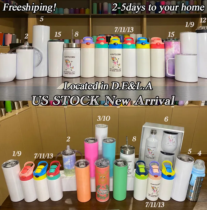 Magazzino locale Bicchiere per sublimazione 15 20 30oz STRAIGHT Skinny Glow in Dark Cups Sippy Cup Manico Mug Press Bullet Bicchieri Doppia parete Acciaio inossidabile Stock USA