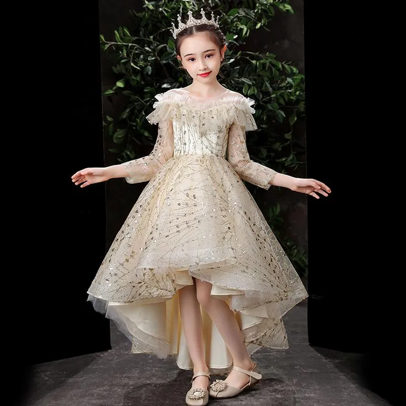 Girl's Dresses Sparkly Glitter Champagne High Low Kids Prom Puffy Tulle Children Birthday Special Occasion GownsGirl's