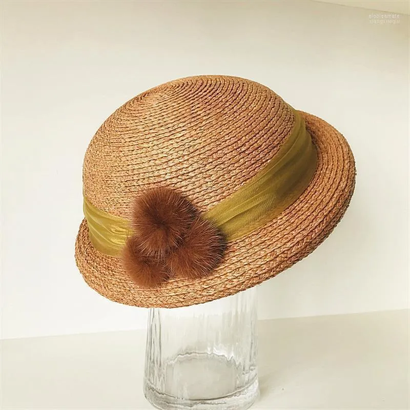 Vår sommar päls boll garn dekoration fin raffia kvinnlig söt basker målare hatt halm solen ber breda hattar elob22