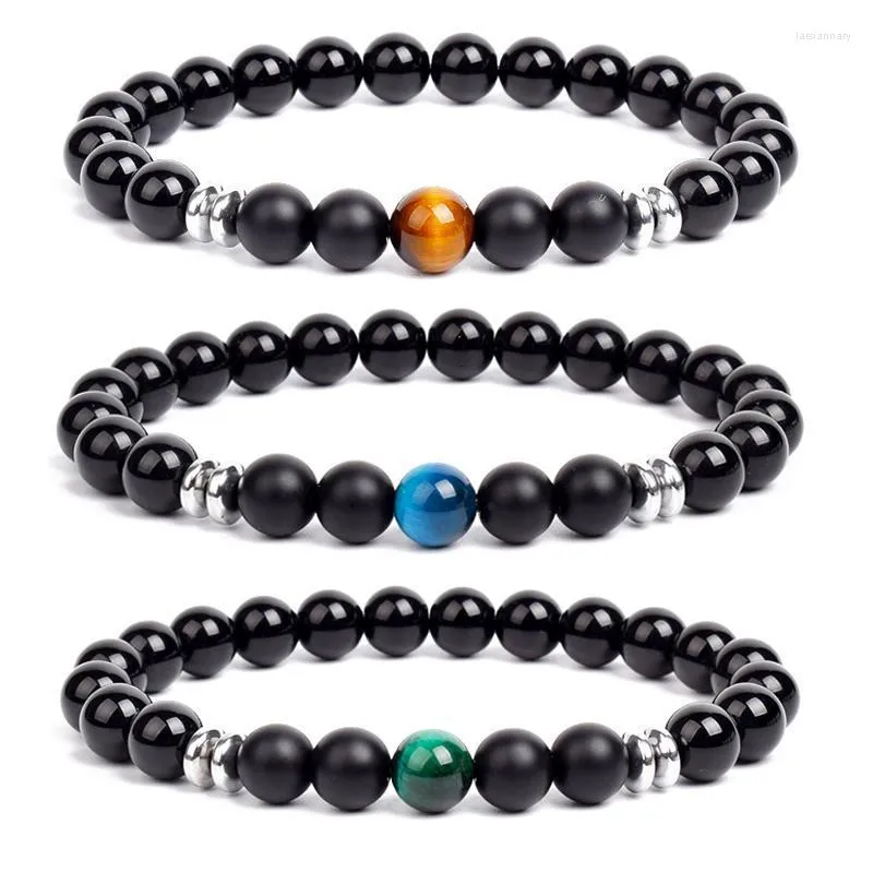 Beaded Strands Natural Black Stone Bead Tiger Eye Bracelet Men Women Fashion Jewelry Pulsera Hombre Drop Obsidian Bangle Gift Lars22