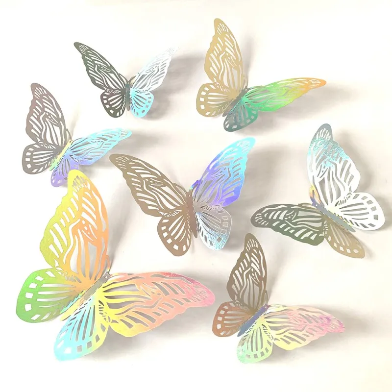 12 Sztuk / Papier Hollow Hollow 3D Butterfly Cake Cupcake Topper Decoration Naklejki Zestaw do dekoracji weselnych