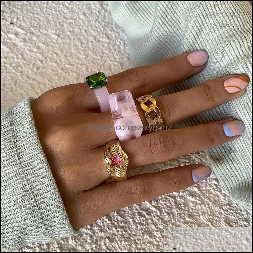 Micro Inlaid Rhinestone Macaron Color Acrylic Bank Rings Retro Simple Style Ethnic Index Resin Irregular Star Metal Tail Joint Ring Finger Rock Jewelry