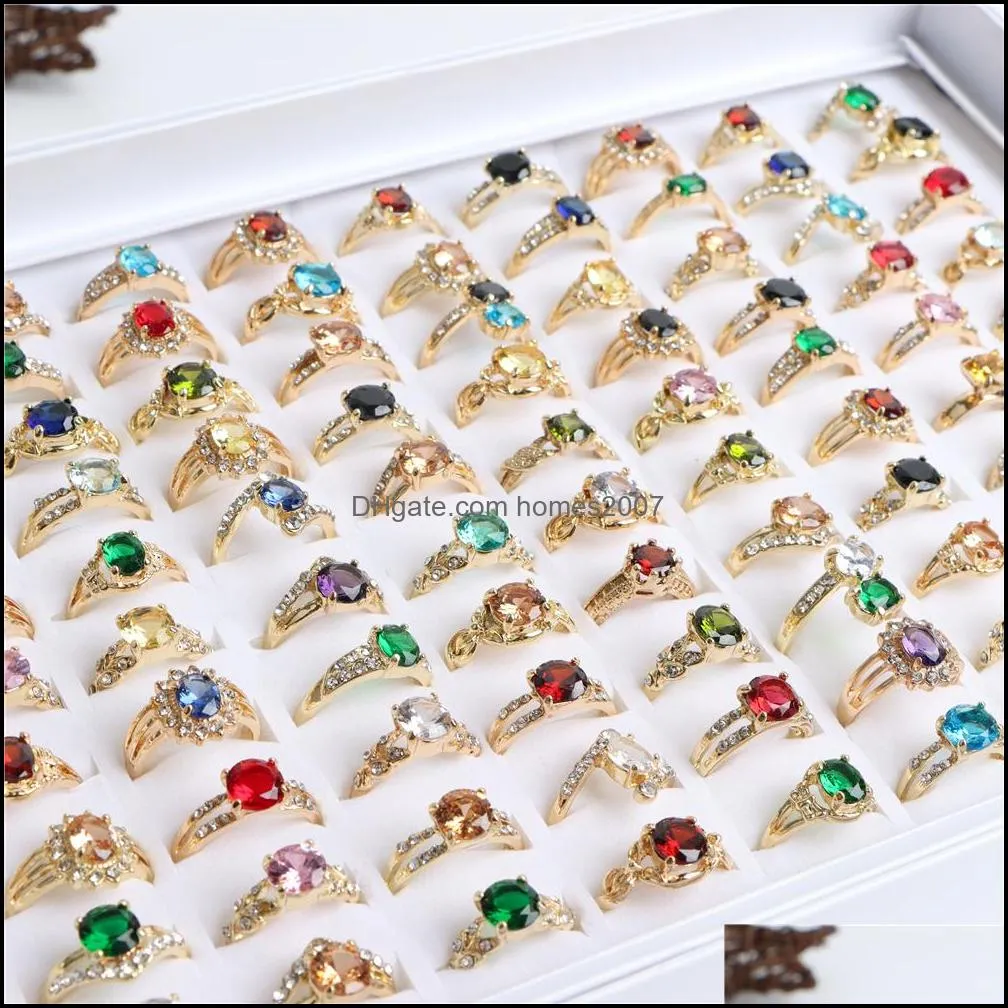 50Pcs/Lot Fashion Sparkling Zircon Gold Color Rings For Women Engagement Wedding Jewerly Colorful Party Gift Wholesale