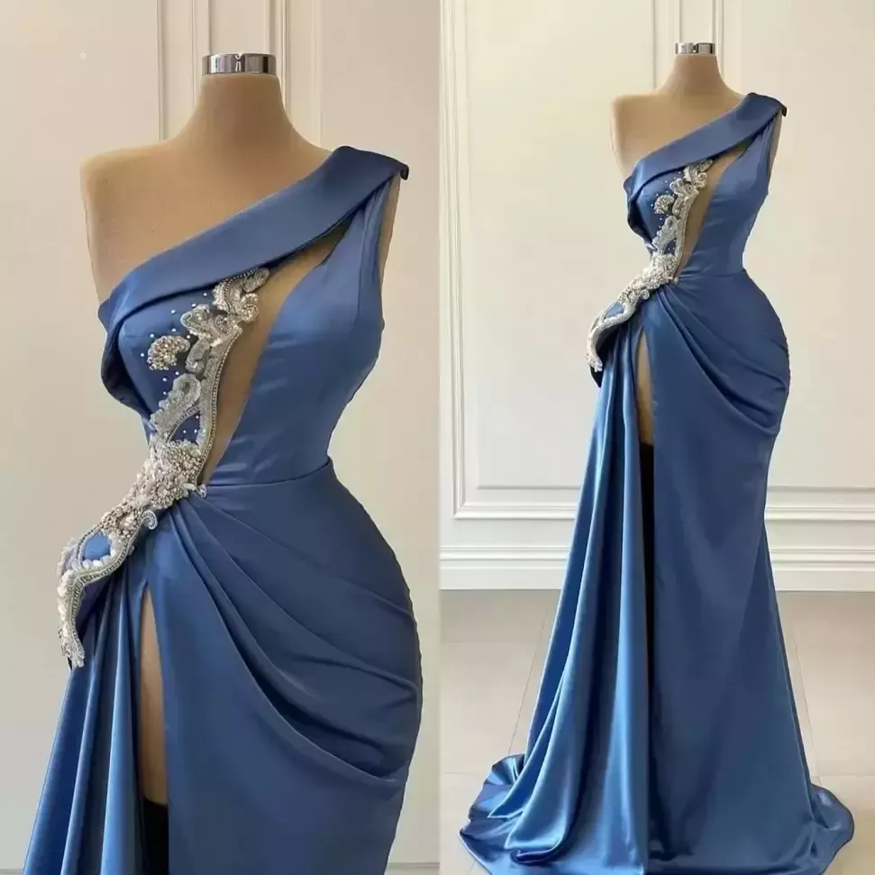 Sexy Side Split One Shoulder Appliques Long Satin Bridesmaid Dresses Online