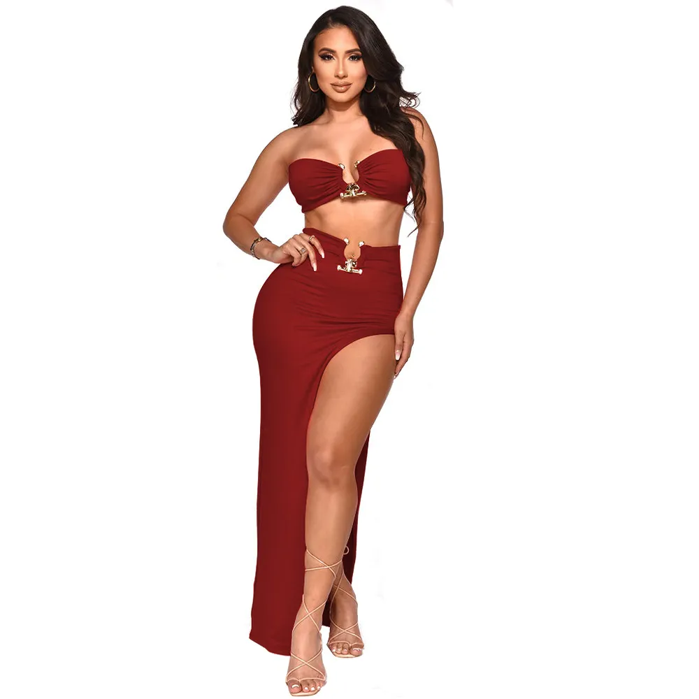 two piece fall dresses Two Piece Bright Red Off Shoulder Spaghetti Straps High Side Split Pro –  AlineBridal main image 1