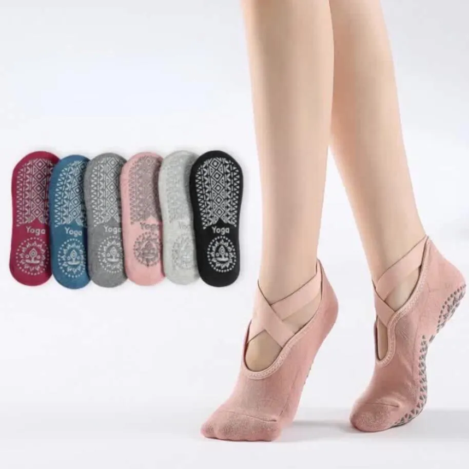 Yoga-Socken für Frauen, rutschfeste Griffe, Riemen, Bandage, Baumwollsocke, ideal für Pilates, reines Barre-Ballett, Tanzen, Barfuß-Workout, 6 Farben