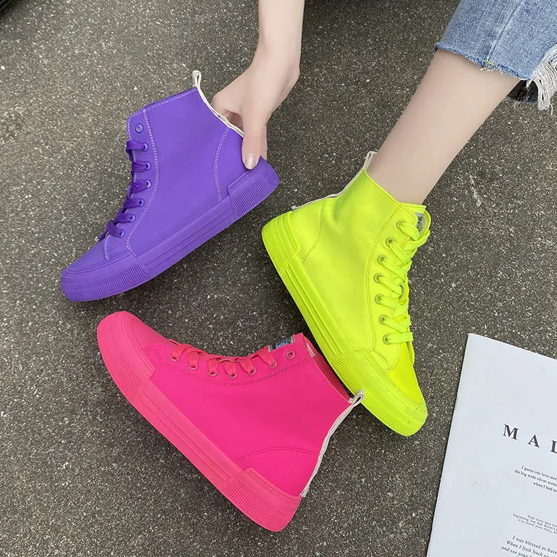 2022 lente en zomer mandarijn eend schoenen fluorescerend groen snoep high-top elastische doek net rood casual getij zachte canvas schoenen vrouwen