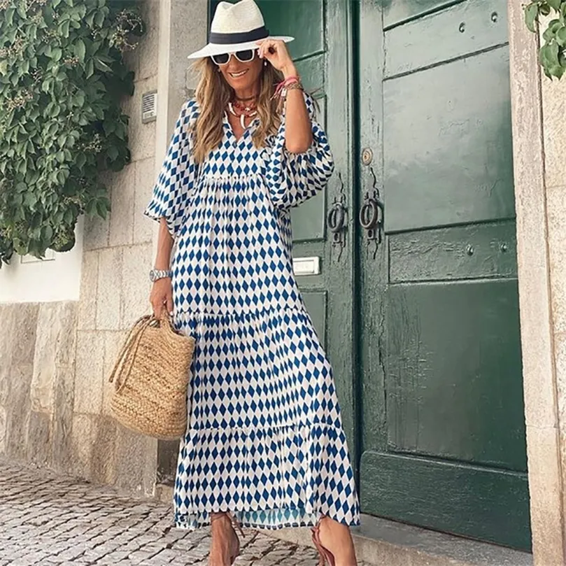 Vestido de verão boêmio Mulheres elegantes manga de lanterna v pesco