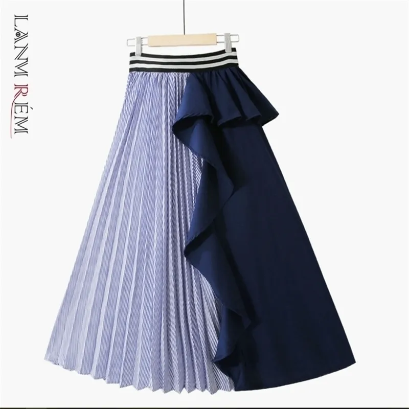 LANMREM autumn Fashion Women Clothes Thin Striped Elastic Ruffles Contrast Colors Aline Halfbody Skirt WG19005 210311